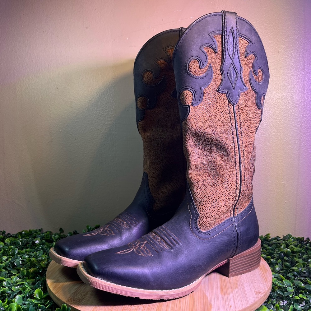 JUSTIN LADIES LATTIE MIDNIGHT BLACK BROWN LEATHER PULL-ON COWGIRL BOOTS SZ 9.5B - Picture 2 of 8